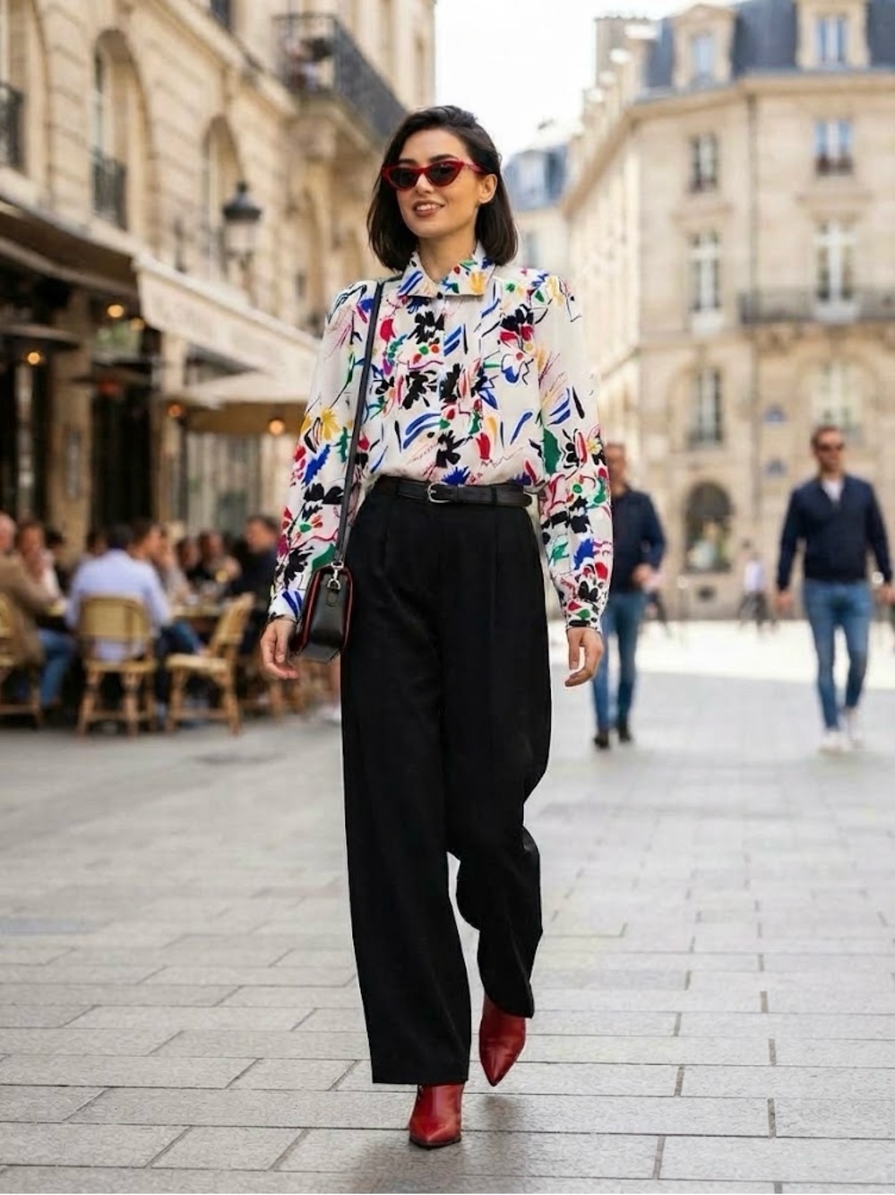 White Button-Down Blouse with Multicolor Abstract Floral Print
